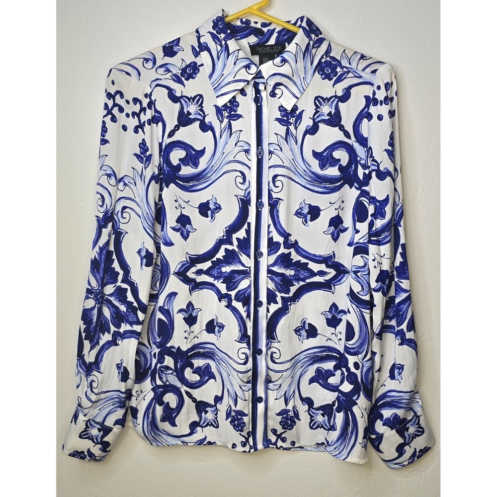 RACHEL ZOE Blue White Baroque Porcelain Print Blouse Long Sleeve Medium -3107 - Picture 2 of 8